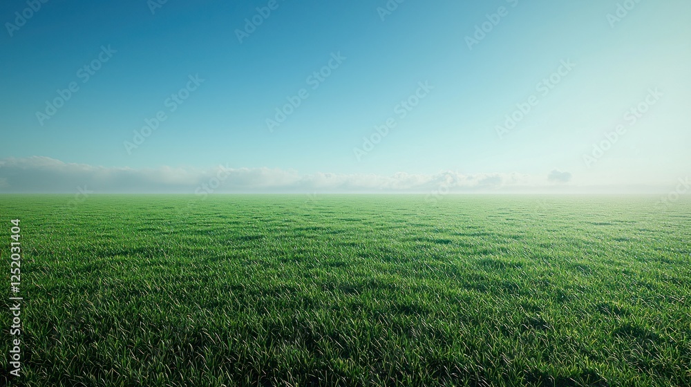 Fototapeta premium Misty green field sunrise, peaceful landscape, nature background, website banner