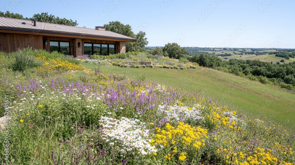Obraz premium Modern home hillside garden, wildflowers, scenic view, summer