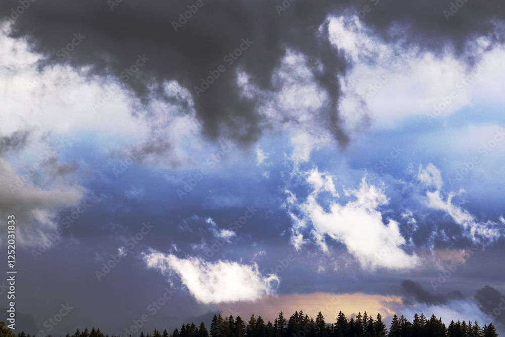 Fototapeta premium Unheimliche Gewitterwolken über einem Wald im Sonnenuntergang
