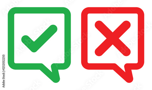 green tick and red cross massege box icons. check mark and cross  mark massege icon box 