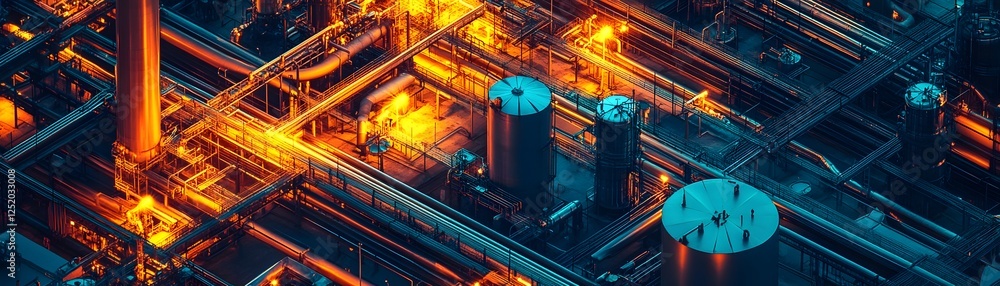 Obraz premium An aerial view of an industrial site, showcasing intricate networks of pipes, tanks, and machinery filled with vibrant colors