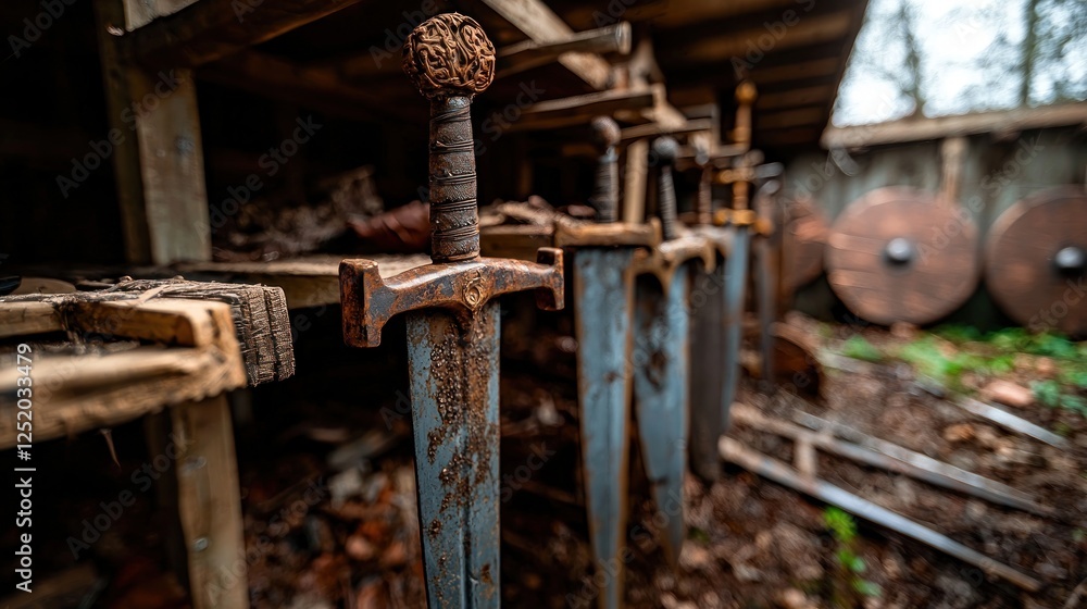 Rusty swords displayed in rustic workshop Rusty swords displayed in rustic workshop