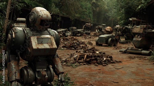 Rusty robot stands in jungle junkyard