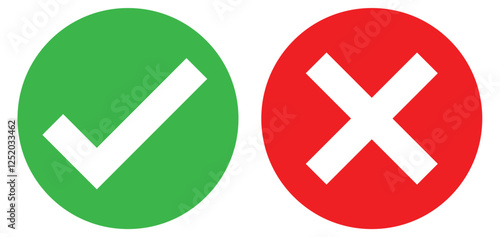 Green tick and red X cross icon in circal shape isolated on white background. 