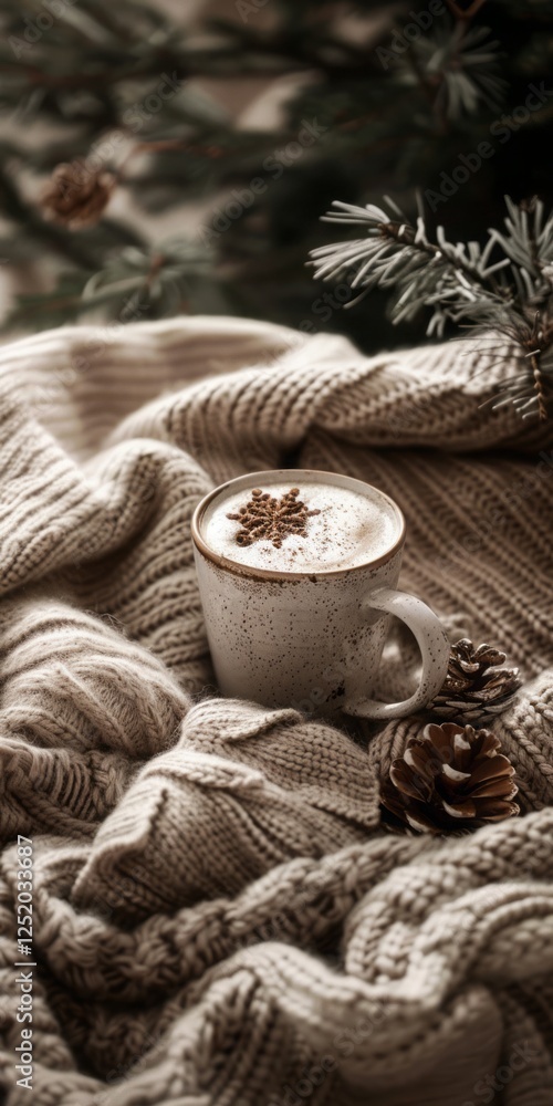 A cozy scene with a knitted blanket and hot cocoa in winter. A cozy scene with a knitted blanket and hot cocoa in winter.