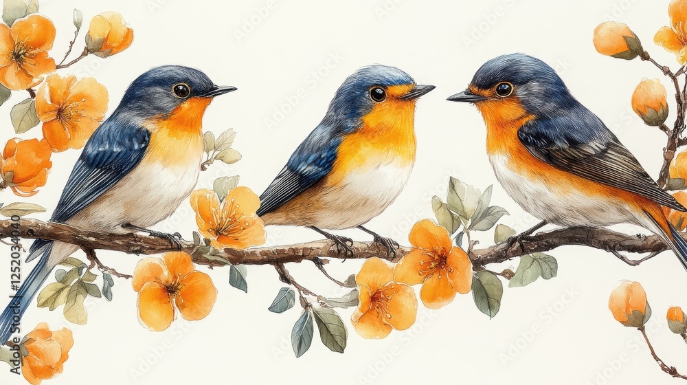 Three colorful birds perched on a branch with orange flowers. Three colorful birds perched on a branch with orange flowers.