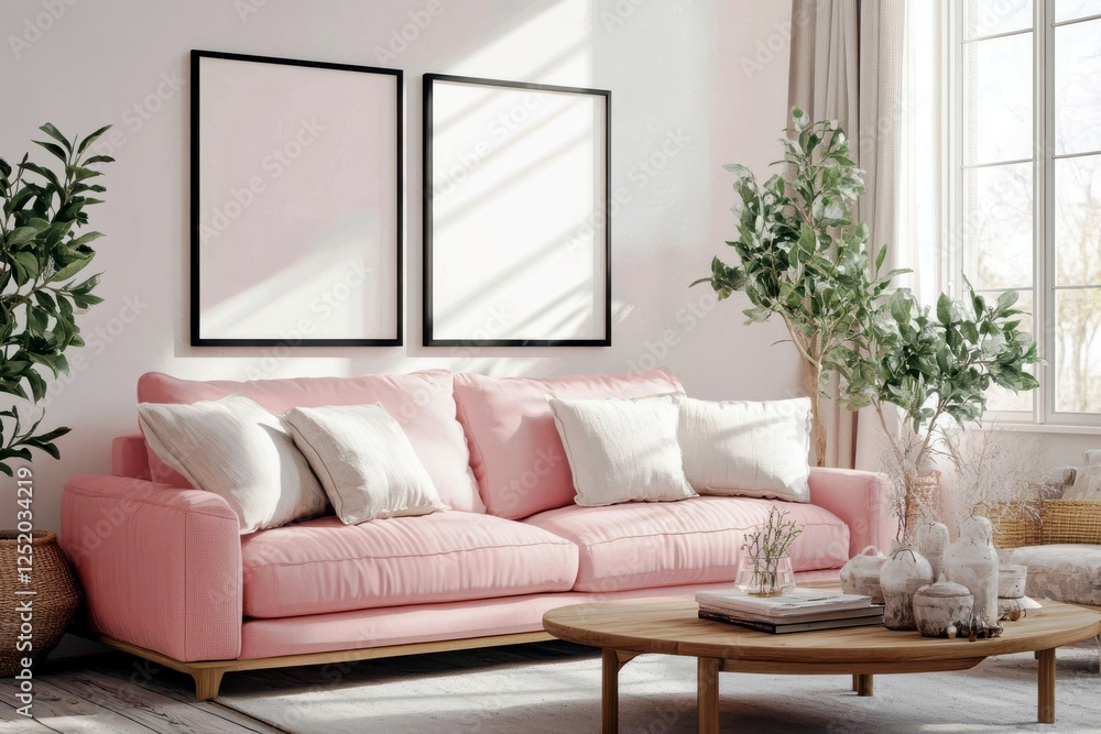 Fototapeta premium Cozy Modern Living Room with Pink Sofa, Blank Wall Frames, Indoor Plants, Bright Natural Light and Relaxing Atmosphere for Home Decor Inspiration