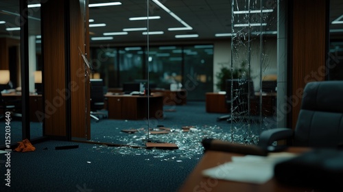 Shattered office glass, post-break-in, nighttime