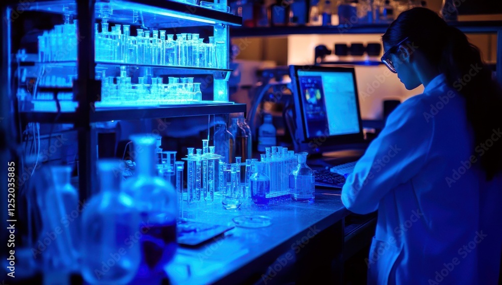Scientist working in modern laboratory surrounded by glassware and advanced technology illuminated by blue light during research and experimentation Scientist working in modern laboratory surrounded by glassware and advanced technology illuminated by blue light during research and experimentation