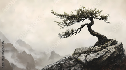 Bonsai styled to replicate a windswept tree on a mountain, with dramatic angles and sparse leaves. Windswept Desolation. Illustration