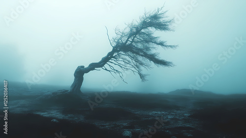 Dramatic twilight rustic abandoned eerie misty atmospheric ominous melancholic forgotten landscapes. Windswept Desolation. Illustration