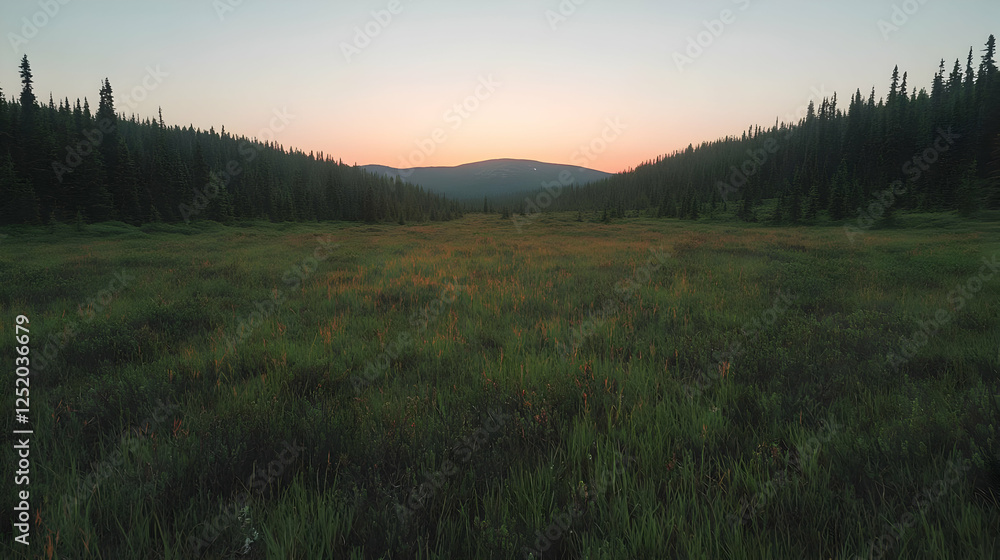 Obraz premium Sunset over mountain meadow, wildflowers, tranquil scene, nature photography