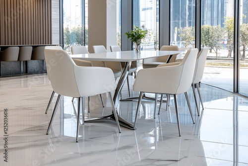 Modern white dining area, city view, comfortable chairs photo