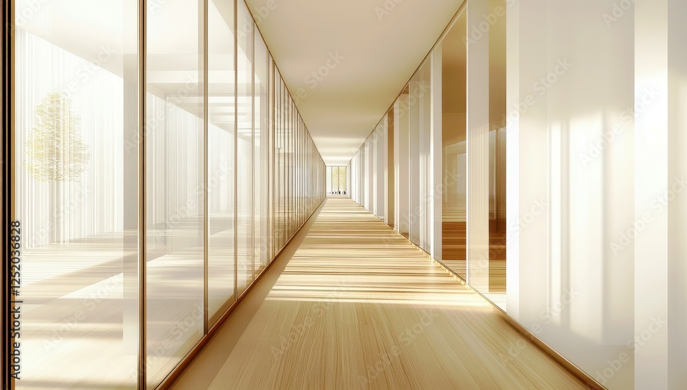 Fototapeta premium Bright and Airy Corridor with Glass Walls and Warm Wood Flooring in Modern Architectural Design for Contemporary Spaces