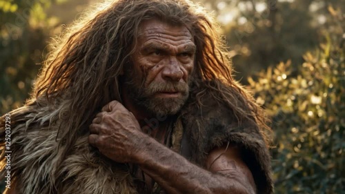 Hyperrealistic recreation of a Neanderthal with long hair and furs, illuminated by sunlight