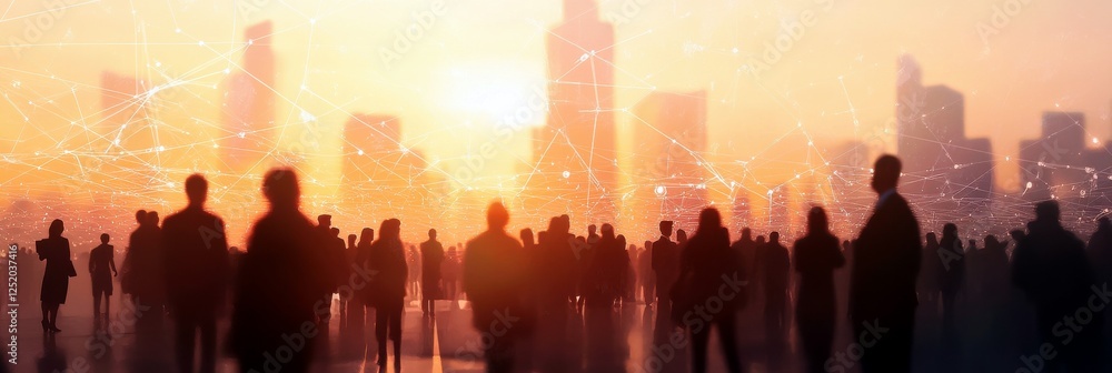 Fototapeta premium Silhouetted Crowd Against Vibrant Sunset Over City Skyline with Digital Connections Representing Modern Networking and Urban Life