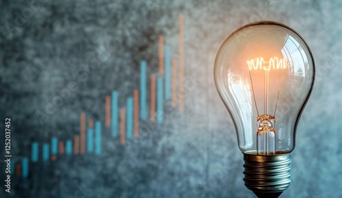 Light bulb glowing bright in front of a textured background with rising graph lines representing innovation, ideas, energy, and progress in business
