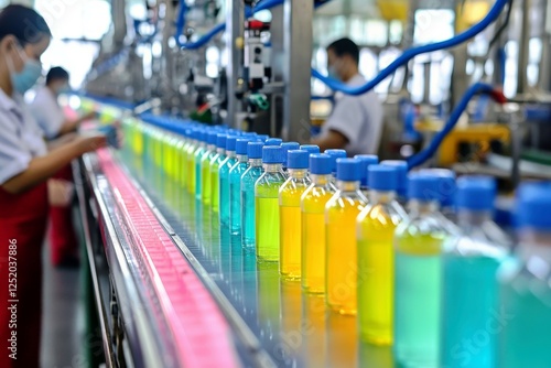 Wallpaper Mural Brightly Colored Bottles on Production Line in Factory Environment with Workers Engaged in Manufacturing Process Torontodigital.ca