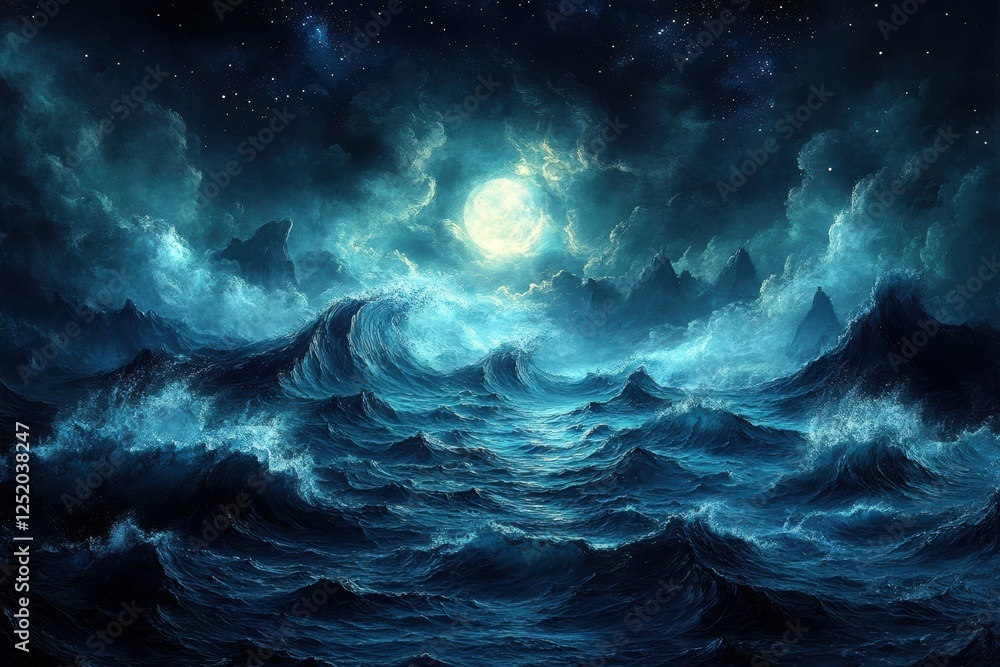 Fototapeta premium A dramatic seascape under a luminous moon, with turbulent waves and clouds.
