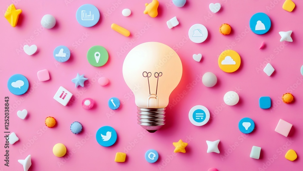 Creative flat lay of a glowing light bulb surrounded by colorful icons and symbols representing social media, communication, and technology on a pink surface Creative flat lay of a glowing light bulb surrounded by colorful icons and symbols representing social media, communication, and technology on a pink surface