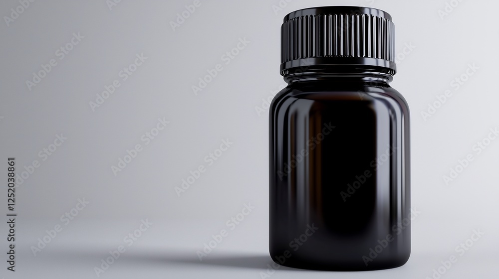 Dark Brown Glass Bottle With Black Oval Cap On Gray Background Dark Brown Glass Bottle With Black Oval Cap On Gray Background