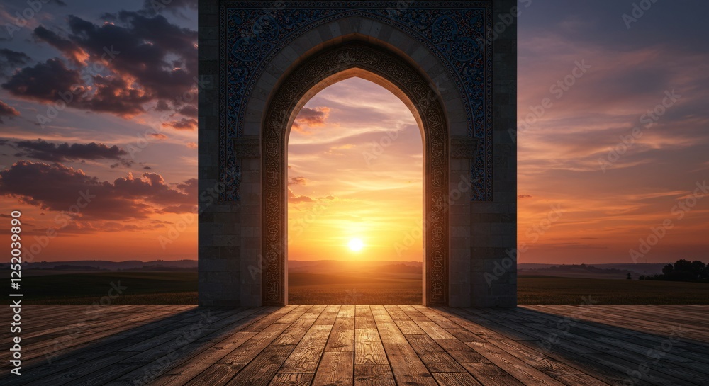 Fototapeta premium Wooden floor with mosque door arch with landscape view and sunset scene background