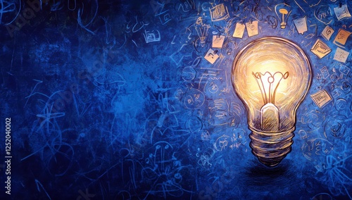 Bright Lightbulb Glowing Against Dark Blue Background Surrounded by Diverse Abstract Illustrations Representing Ideas and Creativity