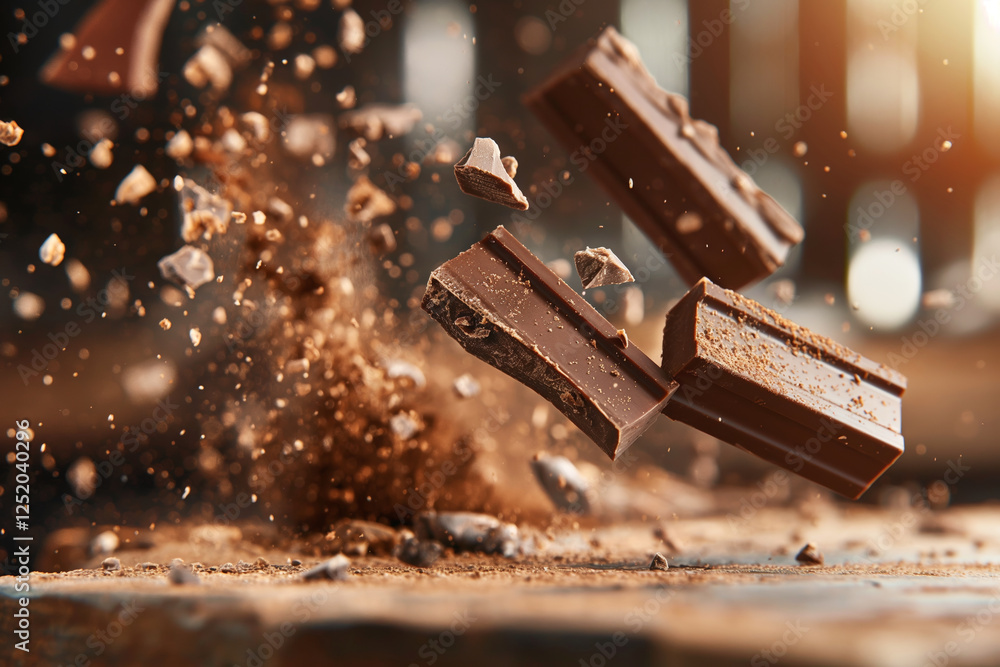 Chocolate bars and cocoa powder exploding on a dark background Chocolate bars and cocoa powder exploding on a dark background