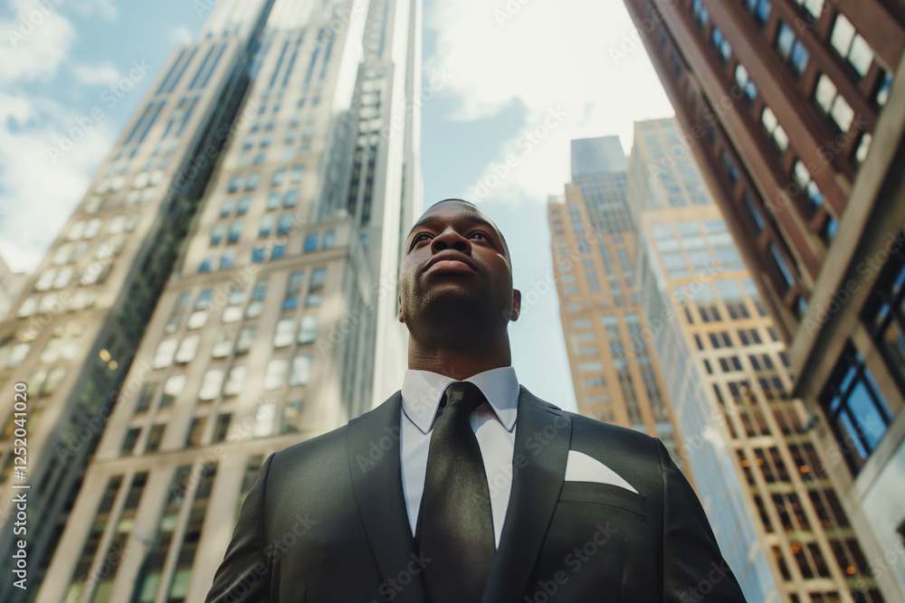 Confident businessman standing among tall skyscrapers Confident businessman standing among tall skyscrapers