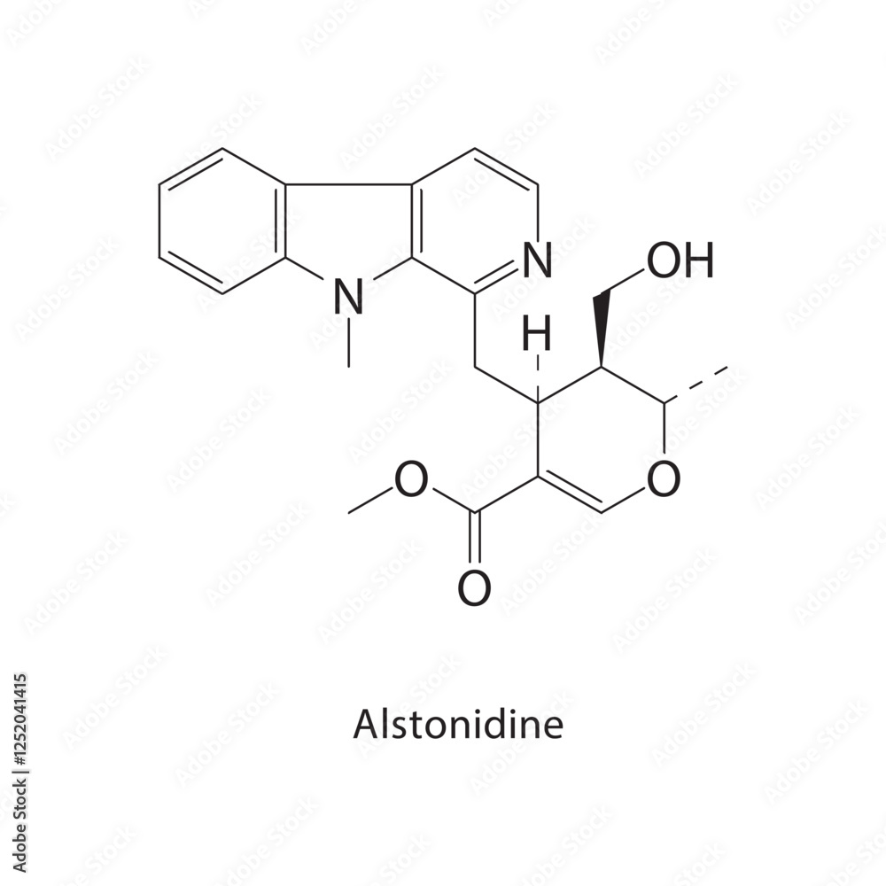 Fototapeta premium Alstonidine skeletal structure.Indole alkaloid compound schematic illustration. Simple diagram, chemical structure.
