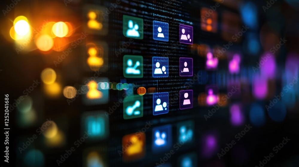 Digital network, social media connections, glowing icons, blurred background, tech concept Digital network, social media connections, glowing icons, blurred background, tech concept