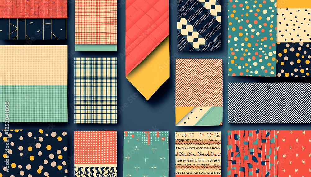 Geometric pocket squares and ties displayed in a retro layout Geometric pocket squares and ties displayed in a retro layout