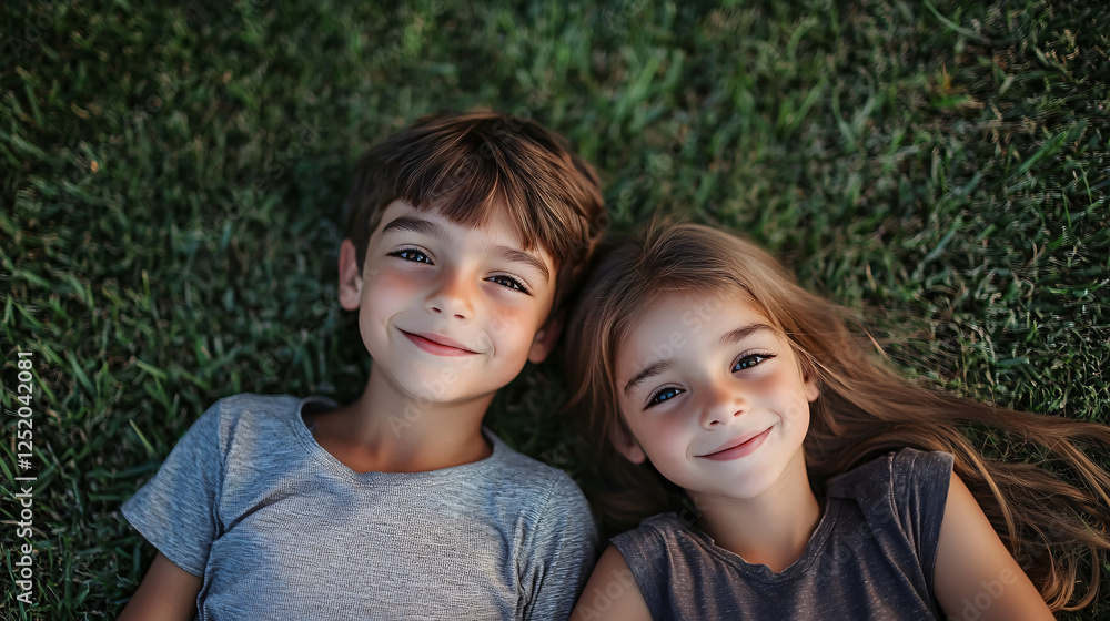 A smiling sibling duo lying together on the grass in a park, bonding through playful childhood games. A smiling sibling duo lying together on the grass in a park, bonding through playful childhood games.