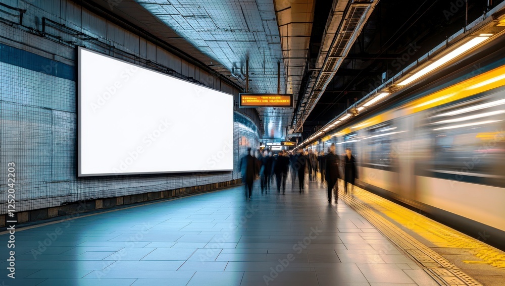 Blurry Motion of People Passing by Blank Billboard in Urban Subway Station with Arriving Train and Empty Screen for Advertising Space Blurry Motion of People Passing by Blank Billboard in Urban Subway Station with Arriving Train and Empty Screen for Advertising Space