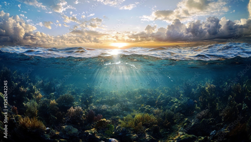 Tranquil Ocean Depths with Coral Reefs and Vibrant Underwater Life Under Golden Sunset Light Tranquil Ocean Depths with Coral Reefs and Vibrant Underwater Life Under Golden Sunset Light