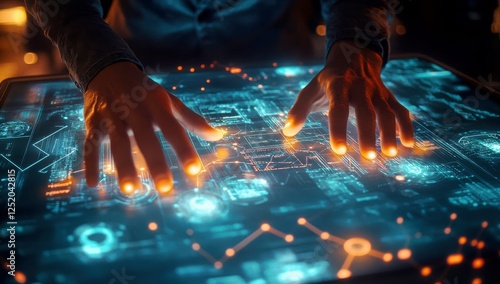 Hands Interacting with Futuristic Digital Interface, Displaying Advanced Technology and Data Visualization in a Modern Setting