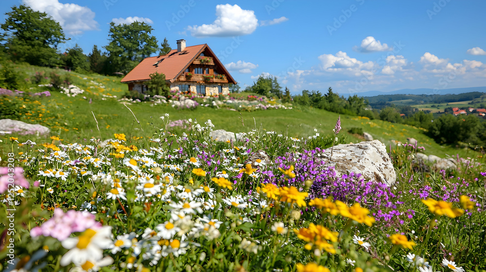 Hillside chalet, wildflowers, sunny valley view, idyllic retreat Hillside chalet, wildflowers, sunny valley view, idyllic retreat