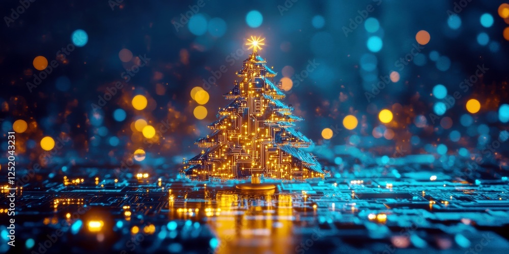 Naklejka premium Futuristic Christmas Tree with Glowing Lights and Bokeh Effect Over Digital Circuit Background for Holiday and Tech-Themed Designs