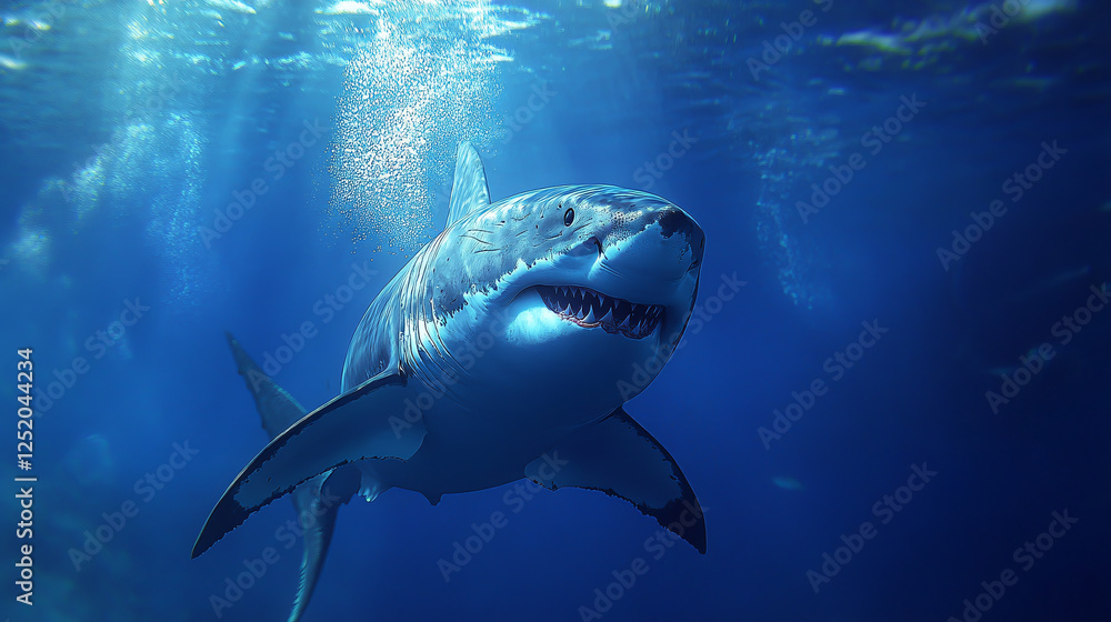 Naklejka premium A great white shark swims gracefully in deep blue waters.