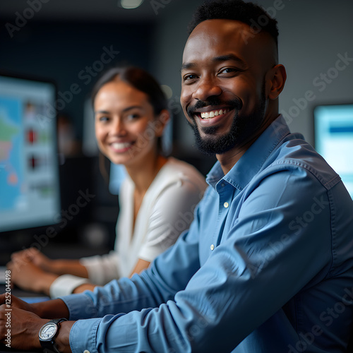 a man and a woman sitting in front of computer monitors