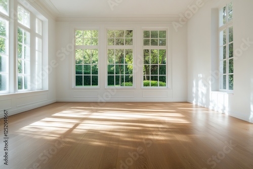 Empty sunlit room with large windows, garden view, interior design photo