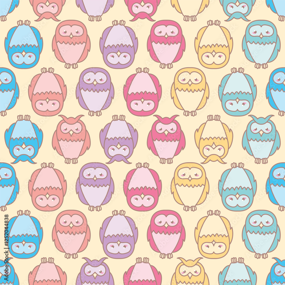 Kawaii owl seamless illustration background. Colourful bird pattern vector. Kawaii owl seamless illustration background. Colourful bird pattern vector.