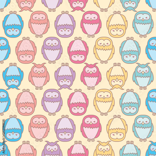 Kawaii owl seamless illustration background. Colourful bird pattern vector.