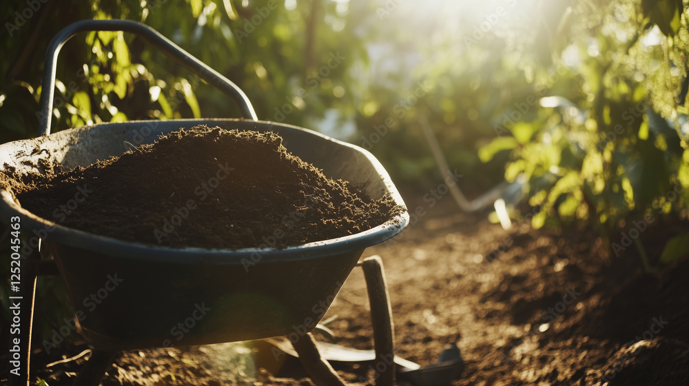 Wheelbarrow with soil in garden with flowers and sunlight Wheelbarrow with soil in garden with flowers and sunlight