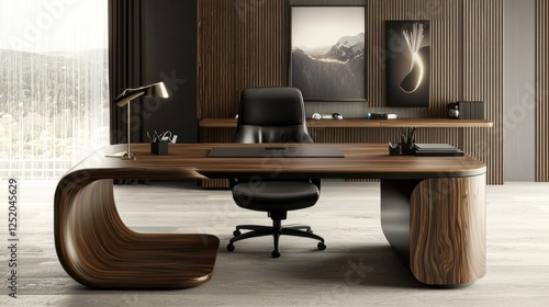 Modern Executive Office Desk Design: Walnut Wood and Black Accents