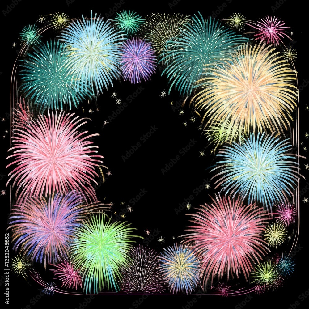 Fototapeta premium border frame of fireworks on black background with copy space for text
