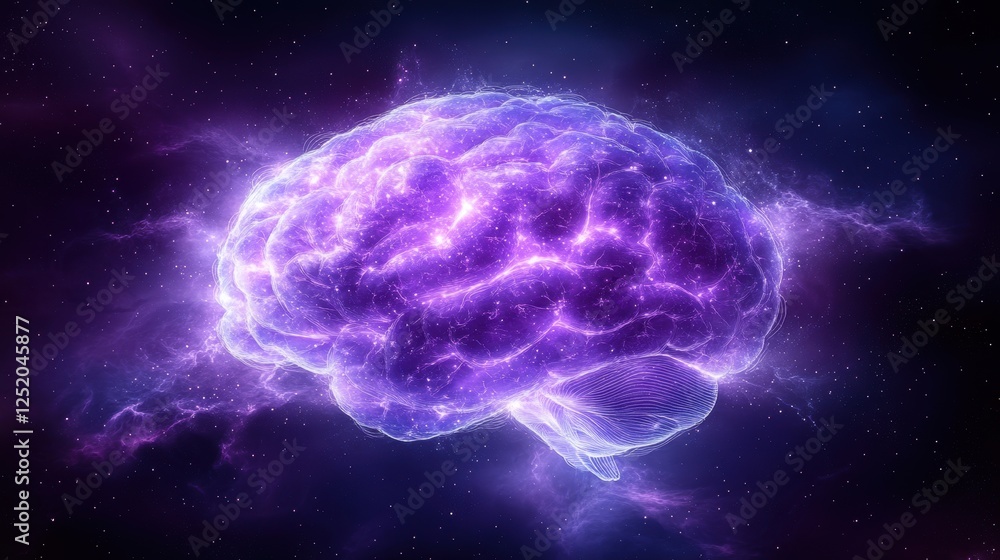 Glowing purple brain floating in cosmic space, symbolizing intelligence, consciousness, and epilepsy awareness in a futuristic and surreal setting Glowing purple brain floating in cosmic space, symbolizing intelligence, consciousness, and epilepsy awareness in a futuristic and surreal setting