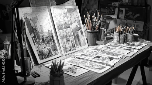 Black and White Comic Book Artist Workspace