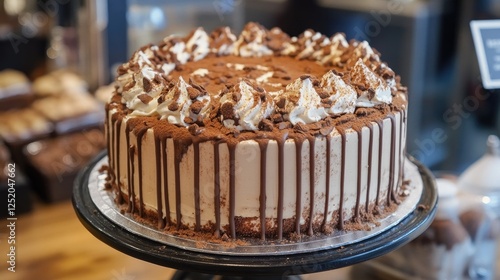 Delicious Chocolate Cake with Cream Frosting Displayed on a Cake Stand photo