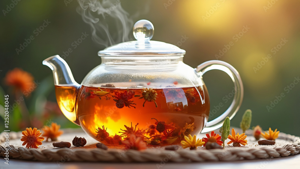 A glass teapot with herbal tea and floating dried flowers, set against a softly lit background A glass teapot with herbal tea and floating dried flowers, set against a softly lit background